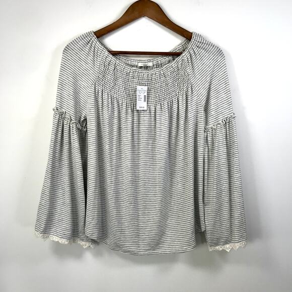 Maurices Top Small Gray Striped Ruffle Flare Boho Rodeo Peasant Cottage Shirt - Picture 2 of 11